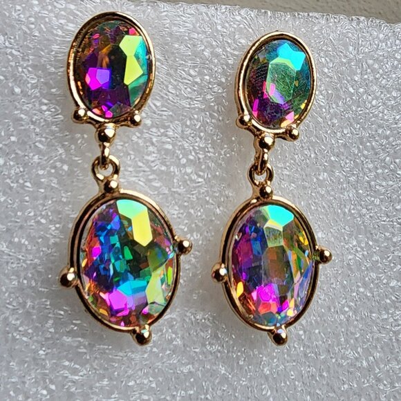 NWOT Etsy Iridescent Crystal Beaded Gold Tone Pierced Drop Dangle Earrings - Picture 12 of 15